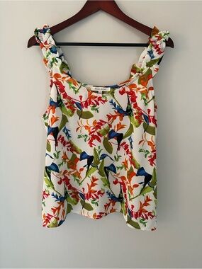 Rose & Olive White Floral Tropical Sleeveless Tank Top Lightweight Blouse Sz L